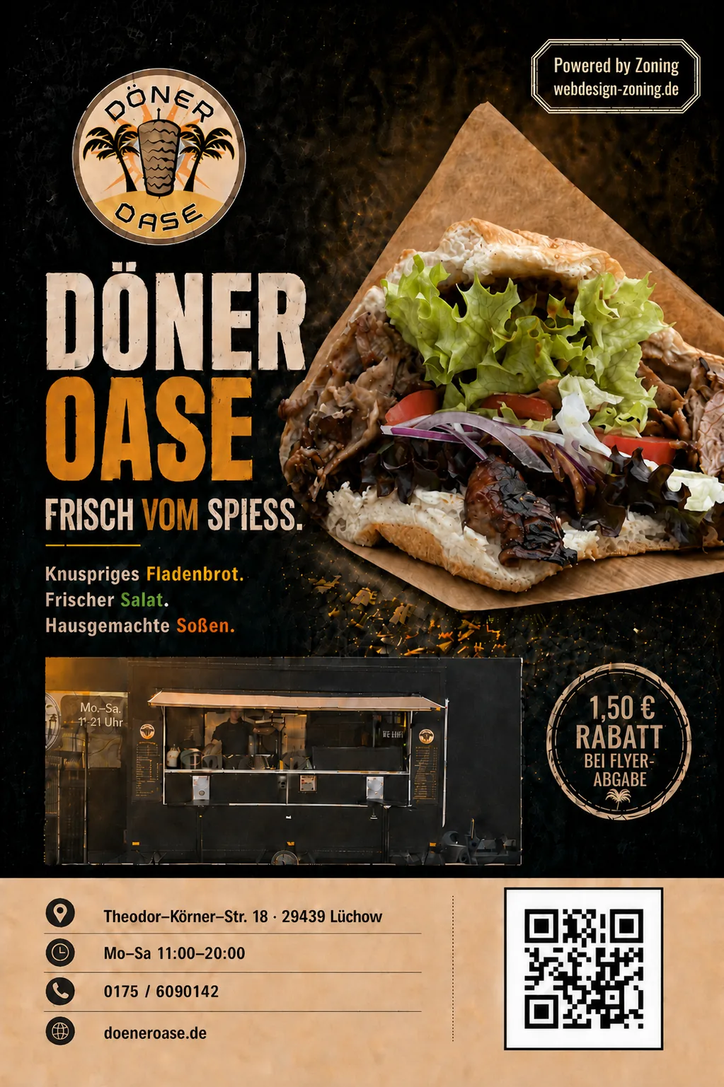Flyer für Döner Oase mit Produktfoto, Standort, Öffnungszeiten und QR-Code