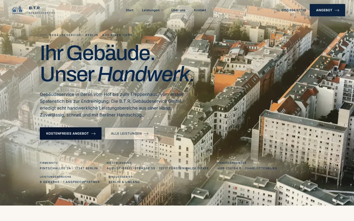 Home page of the B.T.R. Gebäudeservice website (client project)