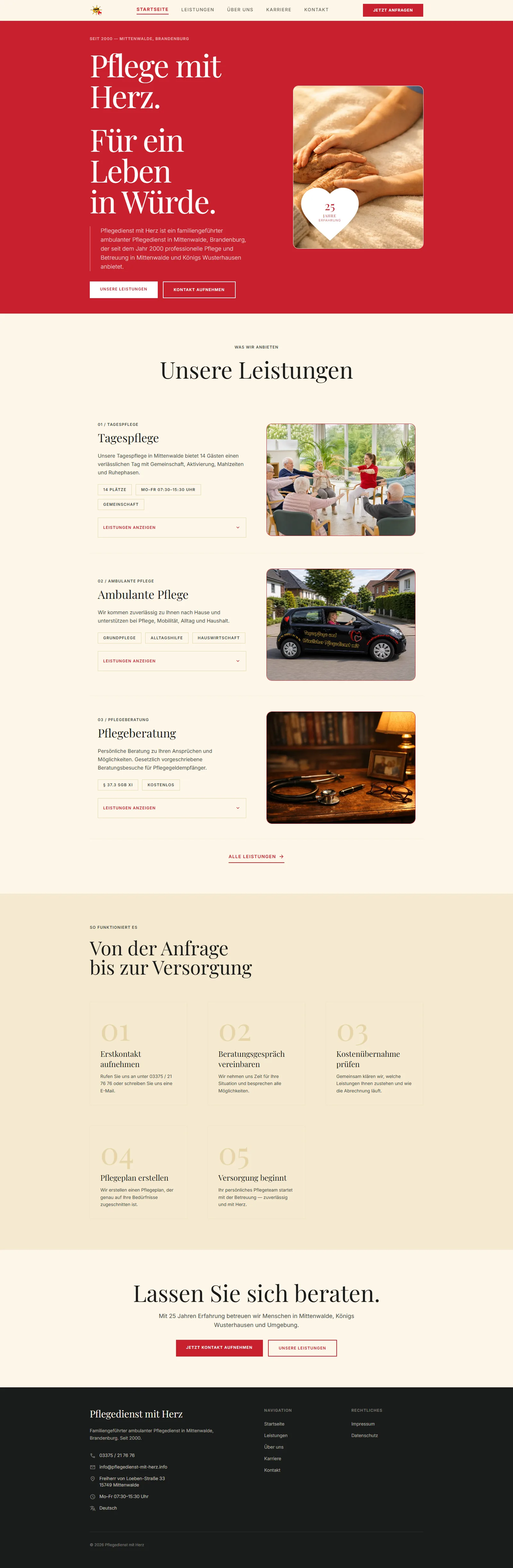 Home page of the Pflegedienst mit Herz website (client project)