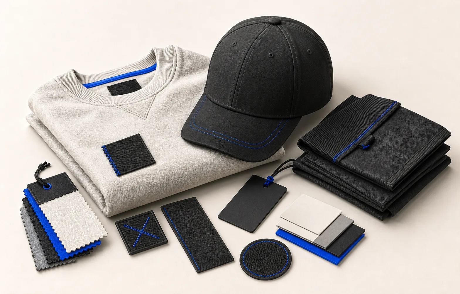 3D-Asset für Apparel mit Shirt, Cap, Label, Patch und Materialmustern