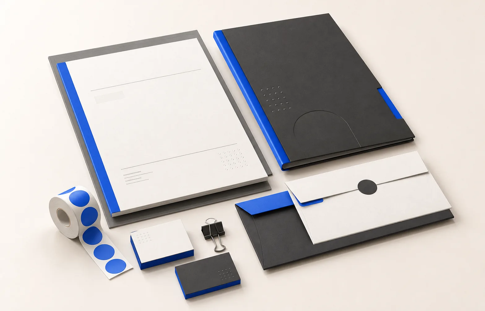 3D-Asset für Geschäftsausstattung mit Briefpapier, Folder, Umschlag und Stickern