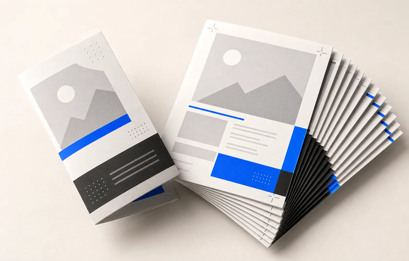3D-Asset für Flyerdesign mit gefächerten Papierflächen und Layoutzonen