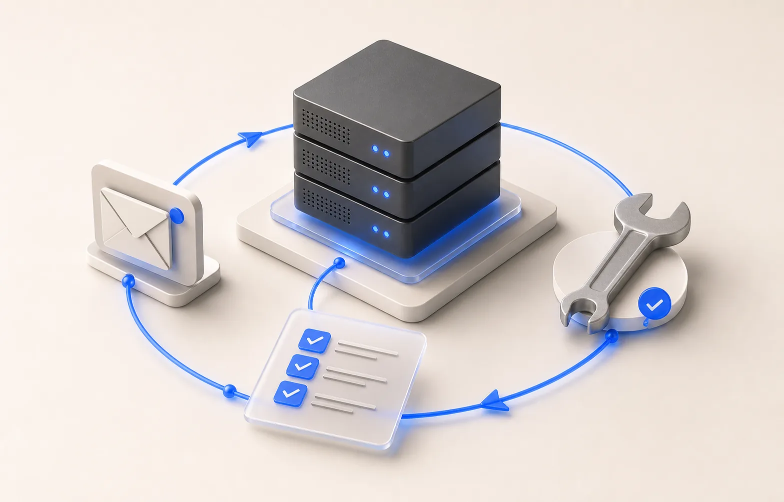 3D-Asset für Hosting Pflege mit Mail, Wartung und Update-Kreislauf