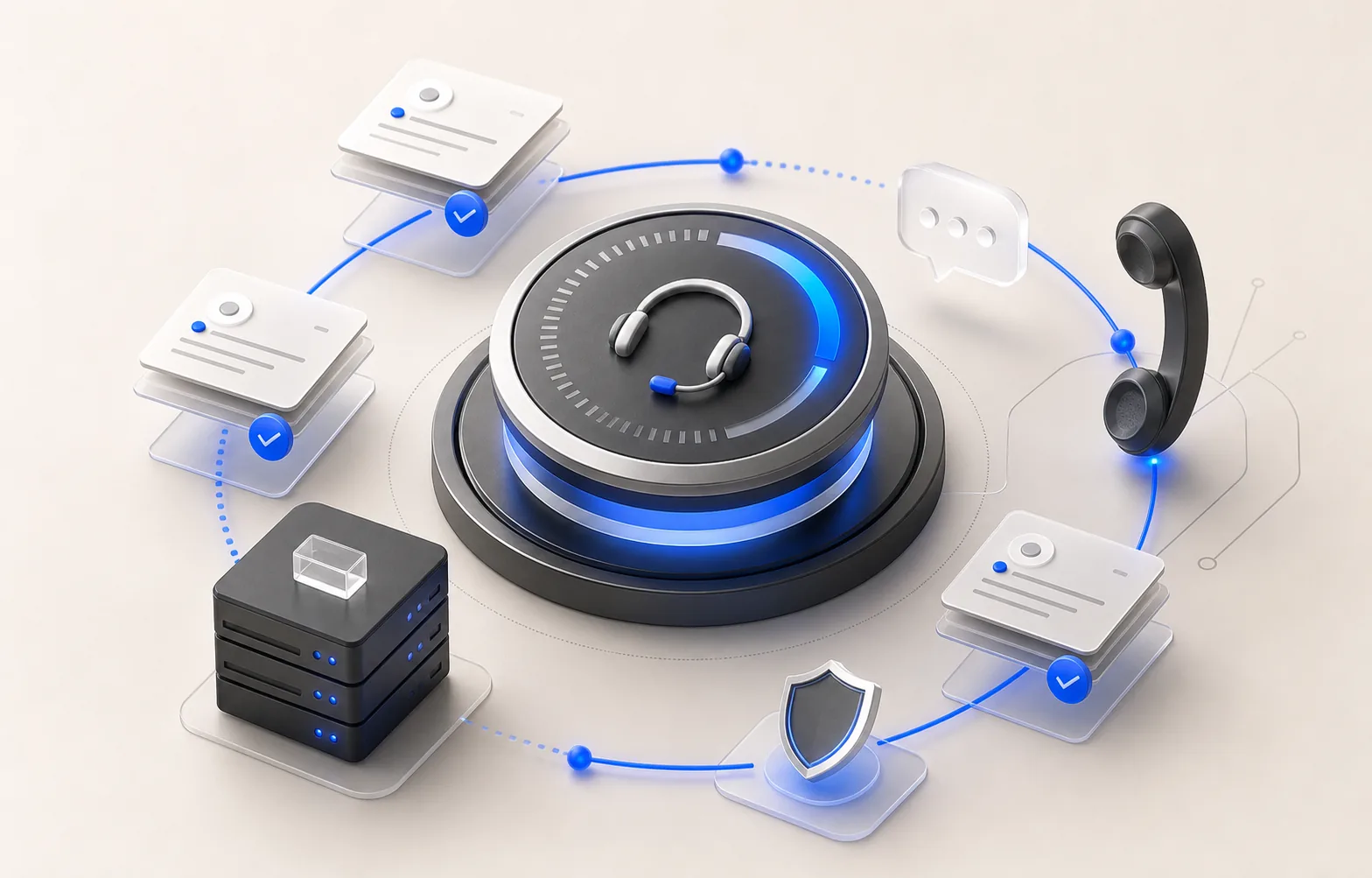 3D-Asset für laufenden Service mit Support-Hub, Aufgabenflächen und Hosting-Basis