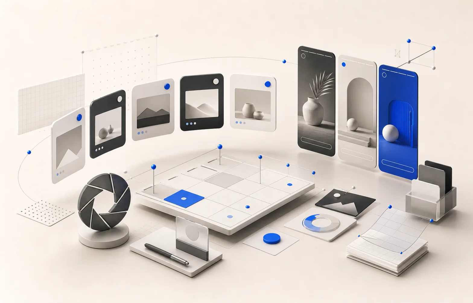 3D-Asset für Social Media mit Content-Kacheln, Story-Flächen und Planungsraster
